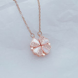 Collar con colgante de diamantes de imitación de cobre con forma de corazón de trébol de cuatro hojas a la moda