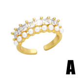Anillo abierto chapado en oro de 18 quilates con incrustaciones de perlas y circonita redonda de estilo Simple estilo IG