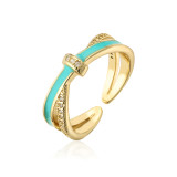 Anillo abierto de cobre geométrico de moda, anillos de cobre con circonita chapada en oro esmaltado