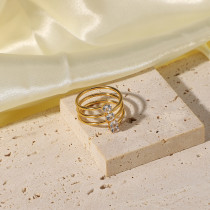 Anillo de acero inoxidable chapado en oro de 18 quilates abierto con 4 diamantes y circonio blanco europeo y americano