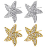 1 par de pendientes elegantes chapados en estrella de mar con pentagrama y circonita de cobre chapados en oro de 18 quilates