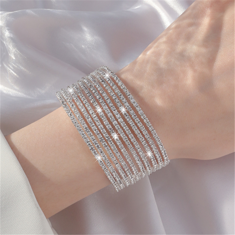 Brazalete de diamantes de imitación con incrustaciones de acero de titanio y diamantes de imitación redondos brillantes informales