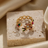 Anillos abiertos chapados en oro de 18 quilates con incrustaciones huecas de flor elegante estilo IG con circonita y perlas de agua dulce