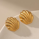 1 par de elegantes pendientes retro chapados en concha con incrustaciones de cobre y piedras preciosas artificiales chapados en oro de 18 quilates