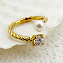 Anillos de circón de perlas chapados en oro con incrustaciones de acero inoxidable de Color sólido de estilo romano dulce elegante al por mayor