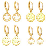 Pendientes colgantes de circonita chapados en cobre con cara sonriente y Emoji de estilo sencillo, 1 par