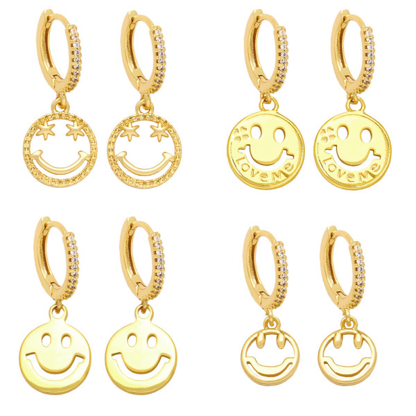 Pendientes colgantes de circonita chapados en cobre con cara sonriente y Emoji de estilo sencillo, 1 par