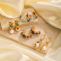 1 par de pendientes de gota chapados en oro de 18 quilates con incrustaciones de perlas de imitación de cobre y ágata turquesa