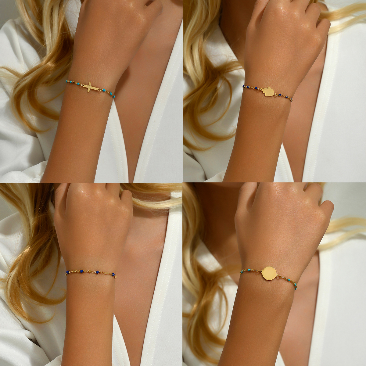 Pulseras chapadas en oro de 18K con revestimiento de acero inoxidable con palma redonda y cruz de viaje de estilo étnico retro