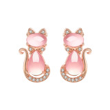 Pendientes de gato de cristal rosa coreano diamante femenino lindo gato cobre al por mayor