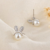 Pendientes de circonita con perlas artificiales chapadas en cobre con Orejas de conejo a la moda, 1 par