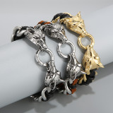 Brazalete trenzado de cuero y acero inoxidable con diseño de lobo animal de moda, 1 pieza