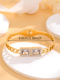 Brazalete de circón con incrustaciones ahuecadas con revestimiento de acero de titanio cuadrado redondo brillante de estilo simple