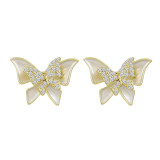 Pendientes de mariposa tridimensionales con goteo de aceite de diamante completo Entrada francesa femenina Lux Diseño de interés especial Pendientes de mariposa Ins Pendientes de influencia en línea Marea