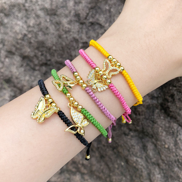 Pulseras con cordón chapadas en oro de 18 quilates con incrustaciones de cobre y cuerda de mariposa bohemia de moda