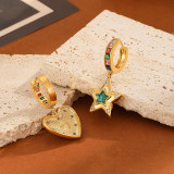 1 par de pendientes colgantes de circonita de cristal de cobre con incrustaciones de forma de corazón pentagrama de estilo Simple y dulce