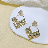 1 par de pendientes colgantes de circonita de cobre con incrustaciones geométricas de perlas de imitación elegantes para mujer