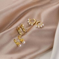Pendientes geométricos elegantes con incrustaciones de cobre, perlas artificiales y circonitas, 1 par