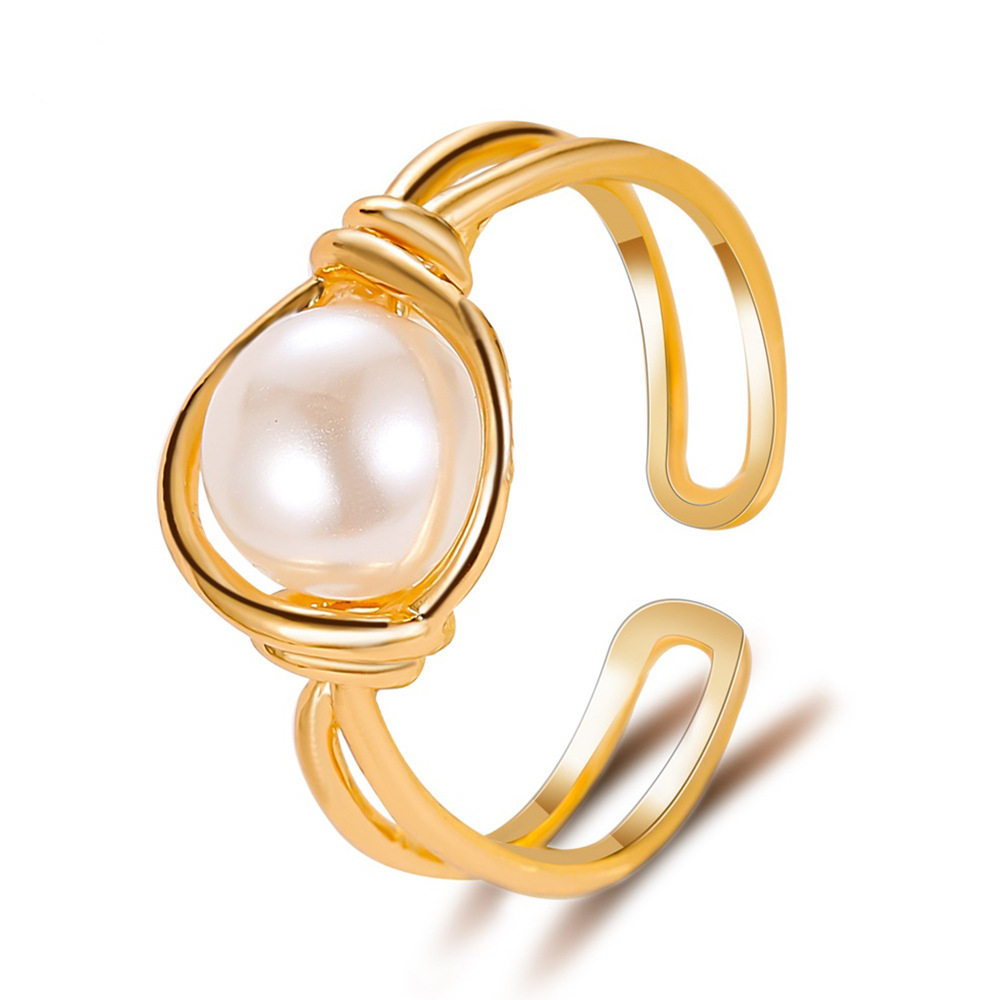 Anillos de cobre de perlas coreanas, anillo de perlas Simple y dulce, anillo anudado en la boca, anillo de dedo índice para mujer, joyería al por mayor