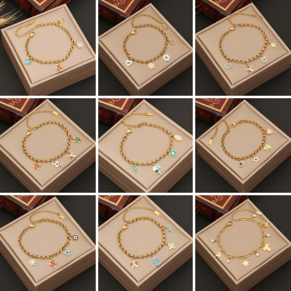 Moda Hoja Forma de Corazón Flor Acero Inoxidable Esmalte Pulseras 1 Pieza