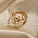 Anillos abiertos chapados en oro de 18 quilates con incrustaciones de perlas artificiales y diamantes artificiales chapados en oro de 18 quilates con flor elegante para mujer