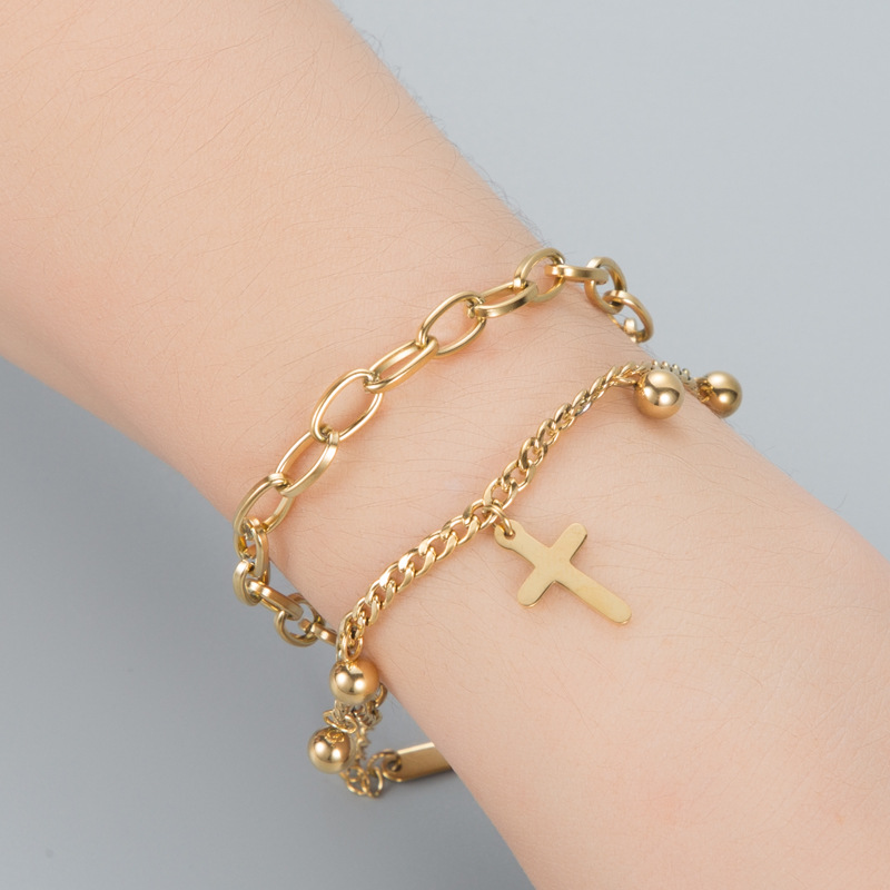 Pulsera de acero de titanio con cruz de bola y cadena doble, joyería al por mayor