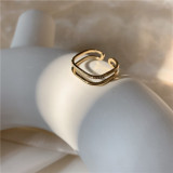 Anillo abierto de circonita con perlas artificiales y incrustaciones de cobre geométricas de moda 1 pieza