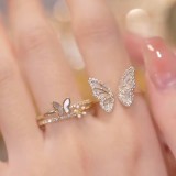 Anillos abiertos de concha de diamante artificial con incrustaciones de cobre de mariposa dulce