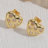 1 par de pendientes chapados en oro de 14K con incrustaciones de forma de corazón geométricas de estilo clásico lujoso y elegante con circonita y perlas de cobre