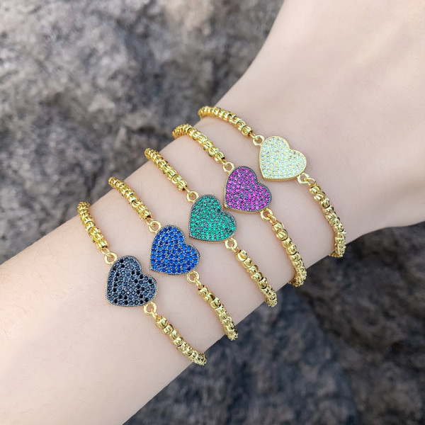 Pulseras de circón con incrustaciones de cobre chapado en forma de corazón retro de 1 pieza