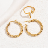 Conjunto de joyería para mujer, anillo de oreja con temperamento de flores, lote Simple de acero inoxidable dorado a la moda
