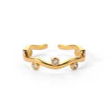 Anillo abierto geométrico de acero inoxidable de estilo simple, chapado en anillos de acero inoxidable con diamantes artificiales