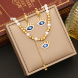 Retro Lady Devil's Eye Acero inoxidable imitación perla con cuentas chapado pulseras pendientes collar