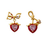 1 par de pendientes de diamantes de imitación con incrustaciones de cobre en forma de corazón de estilo simple