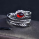 Anillo abierto de plata de ley S925 con diseño de plumas y diamantes rojos, anillo abierto para hombres y mujeres