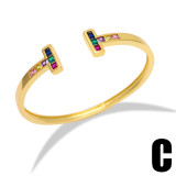 Pulsera De Cobre Abierta Con Doble T Con Incrustaciones De Diamantes De Moda