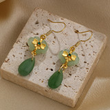 1 par de pendientes colgantes de cobre y jade con flor china, gancho para la oreja