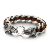 Brazalete trenzado de cuero y acero inoxidable con diseño de lobo animal de moda, 1 pieza
