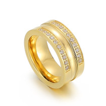 Anillo de pareja de acero titanio con diamantes completos de doble hilera de oro para mujer a la moda