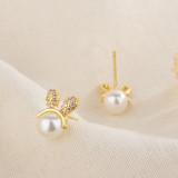 Pendientes de circonita con perlas artificiales chapadas en cobre con Orejas de conejo a la moda, 1 par