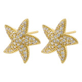 1 par de pendientes elegantes chapados en estrella de mar con pentagrama y circonita de cobre chapados en oro de 18 quilates