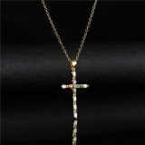 Collar de colgante de Cruz de circonio de Color oro Real chapado en cobre Retro, joyería religiosa femenina