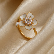 Anillos abiertos chapados en oro de 18 quilates con incrustaciones de perlas artificiales y diamantes artificiales chapados en oro de 18 quilates con flor elegante para mujer