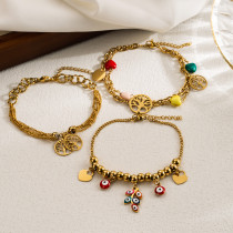 Pulseras chapadas en oro esmaltadas en capas de perlas de imitación de acero inoxidable con forma de corazón y Luna con ojo de diablo informal