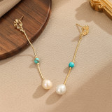 1 par de pendientes colgantes de perlas de agua dulce turquesa y cobre con incrustaciones de retales de flores estilo romano estilo Simple Vintage