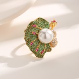 Anillos abiertos chapados en oro de 18 quilates con incrustaciones de perlas artificiales y pétalos de flores de lujo estilo Vintage elegante