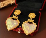 1 par de pendientes de resina de perlas artificiales de cobre con incrustaciones de flores en forma de corazón cuadrado Retro