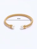 Pulsera abierta en forma de C con perlas tejidas con alambre de oro de 18 quilates galvanizado de acero inoxidable simple a la moda