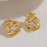 1 par de pendientes chapados en oro de 14K con incrustaciones de forma de corazón geométricas de estilo clásico lujoso y elegante con circonita y perlas de cobre