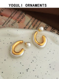 Pendientes de cobre con forma de C de estilo simple, aretes de cobre con perlas artificiales